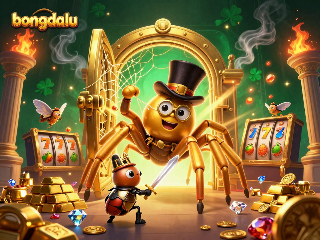 Bongdalu's exciting casino world featuring a giant tarantula and beetle knight amidst golden treasures and slot elements.