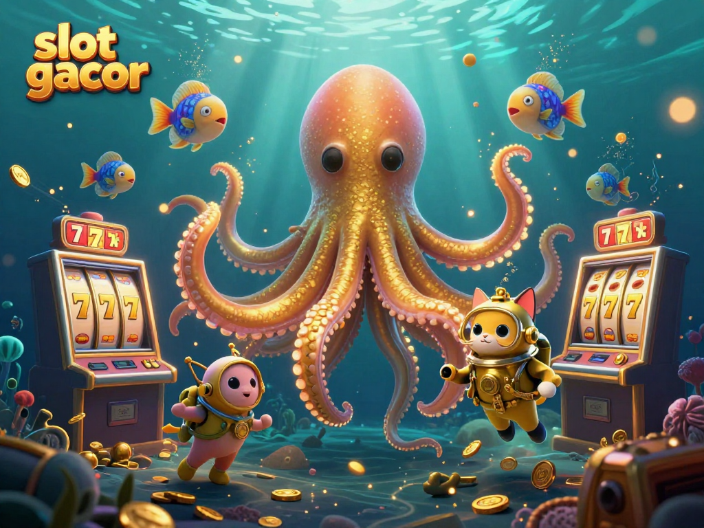 Slot gacor menyajikan ilustrasi 3D kraken dan ikan laut dalam dengan simbol keberuntungan.