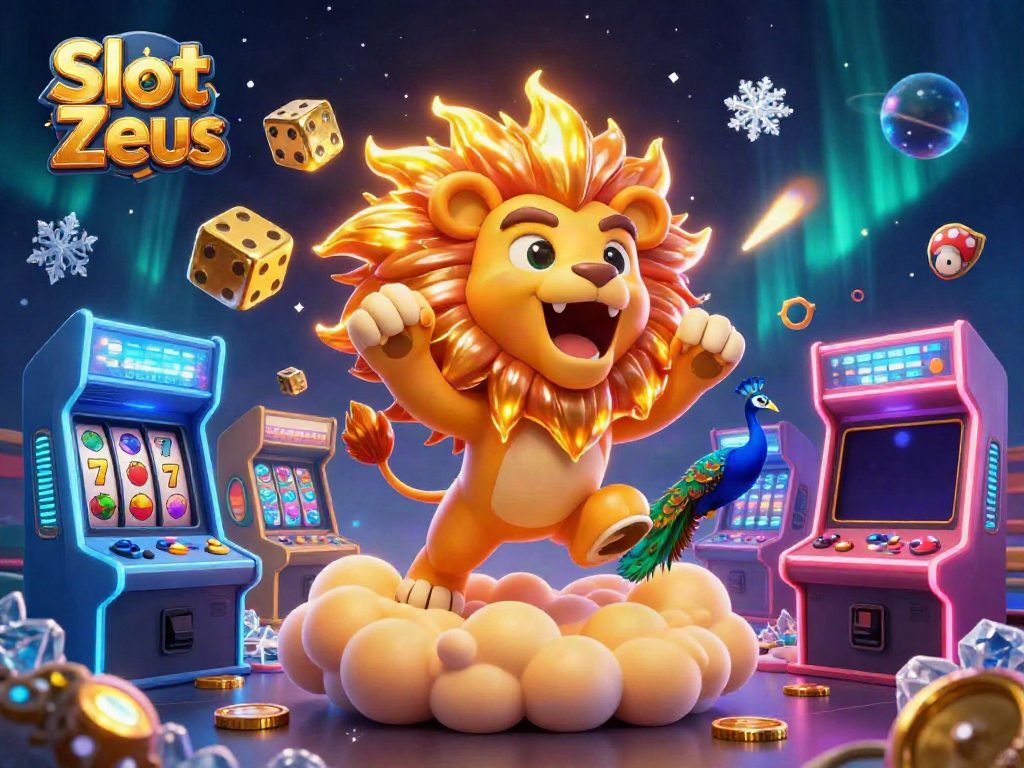 Experience excitement with Slot Zeus, featuring a roaring lion and vibrant game elements.
