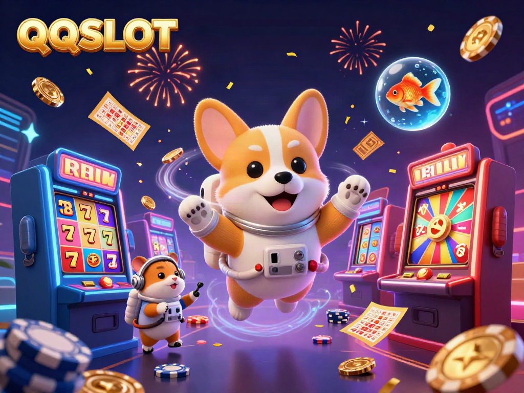 Experience exhilarating gaming with QQSLOT in a cosmic casino scene.