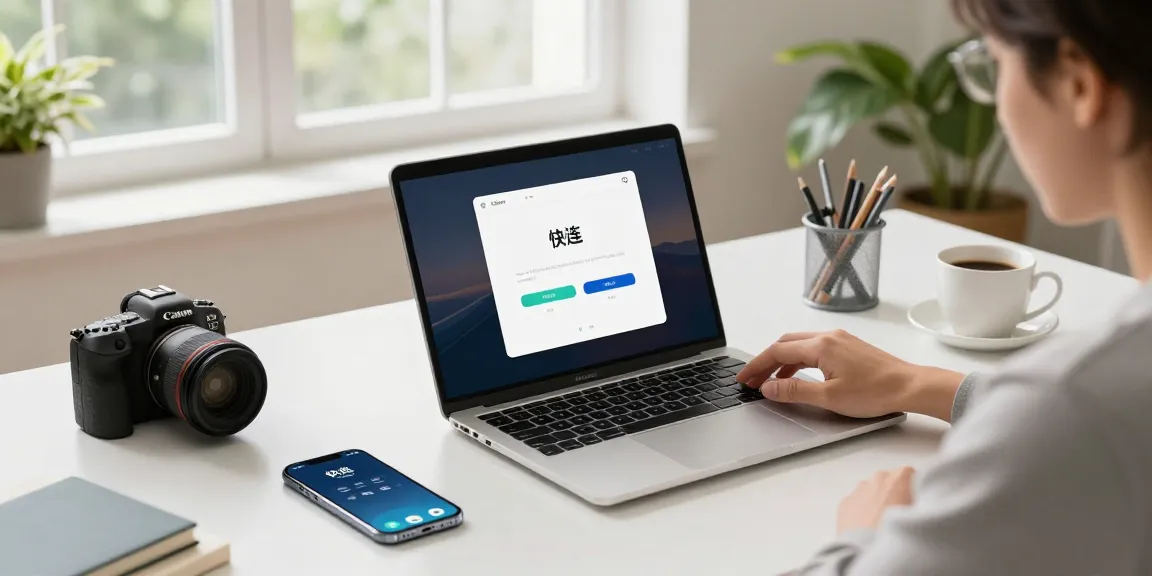 快连 installation process in a bright home office, showing a user engaging with technology.