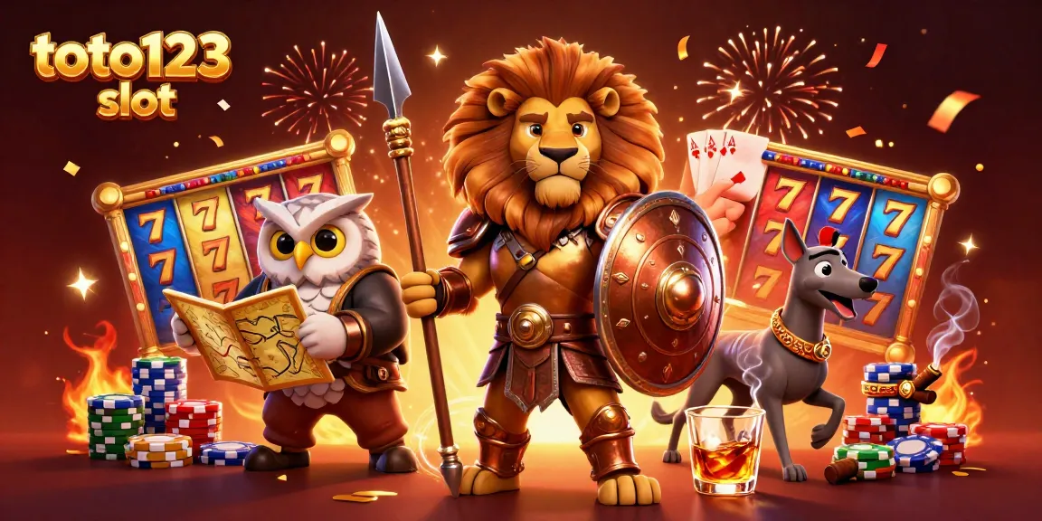 Spin the reels of toto123 slot with a heroic Spartan lion and tactical owl strategist amidst vibrant casino elements.