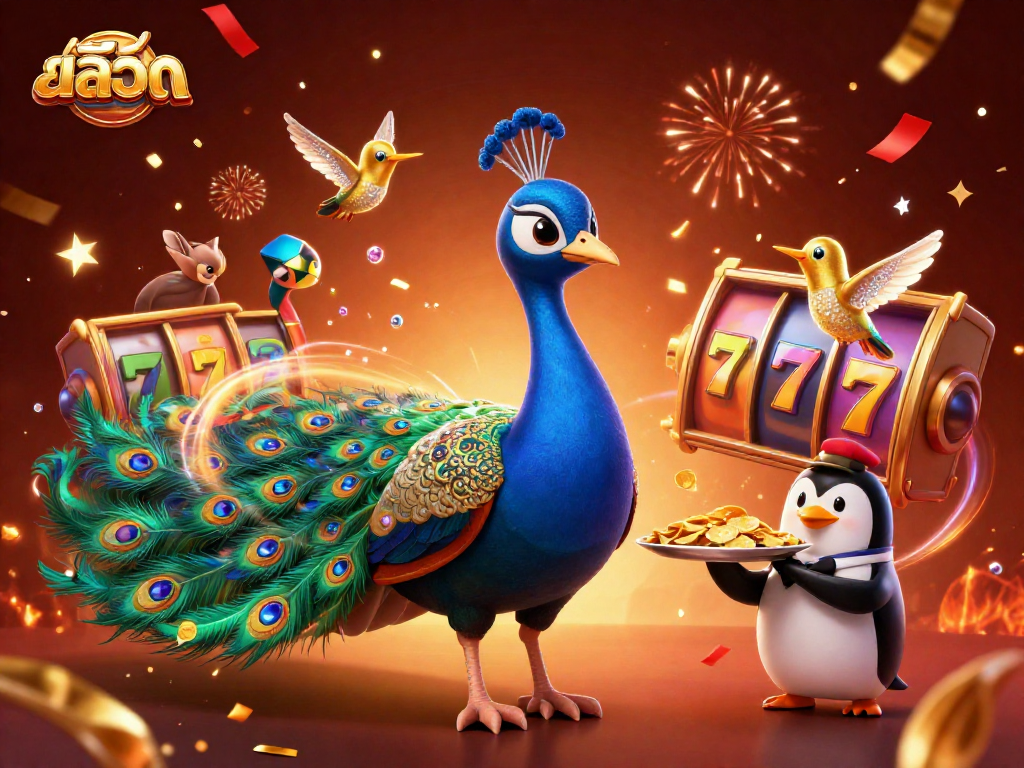 Engage with สล็อต in vibrant, dynamic 3D casino scene featuring peacock and penguin.