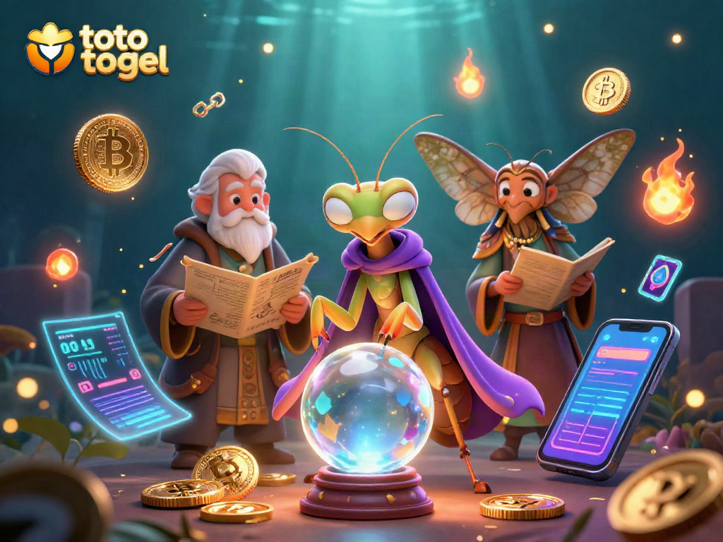 Engage in toto togel with a mystical scene of fortune teller characters predicting winning numbers.