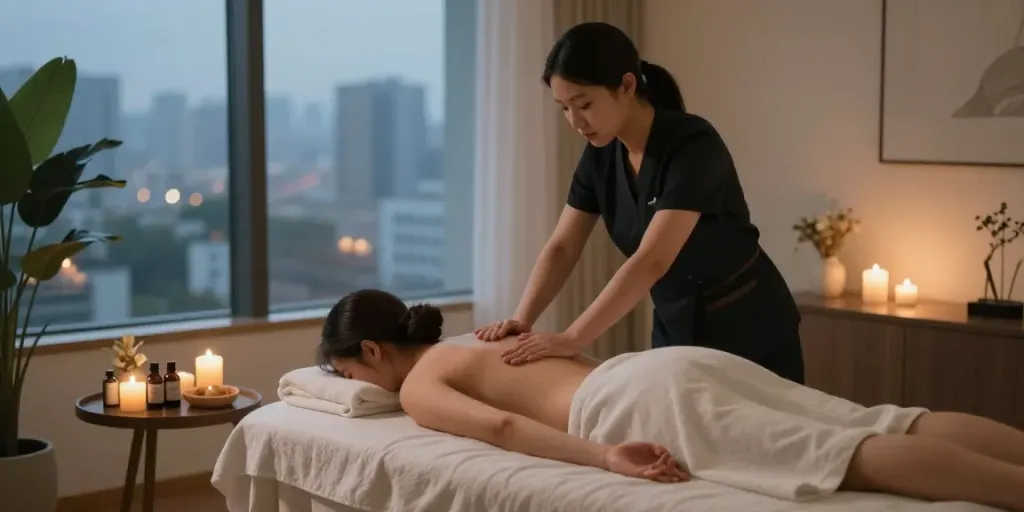 Experience the luxury of 강남출장안마 in a serene home massage environment with soothing elements.