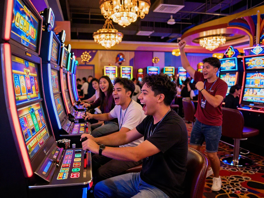 Friends enjoying slot luar negeri excitement at a vibrant casino.