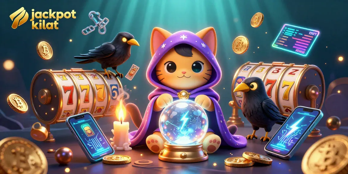 Engage with jackpot kilat as you explore colorful 3D slots and crypto elements in this vibrant casino illustration.