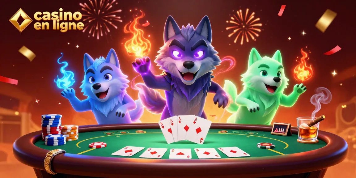 Gagnez au casino en ligne avec des personnages de loup spectral et des éléments de poker colorés.