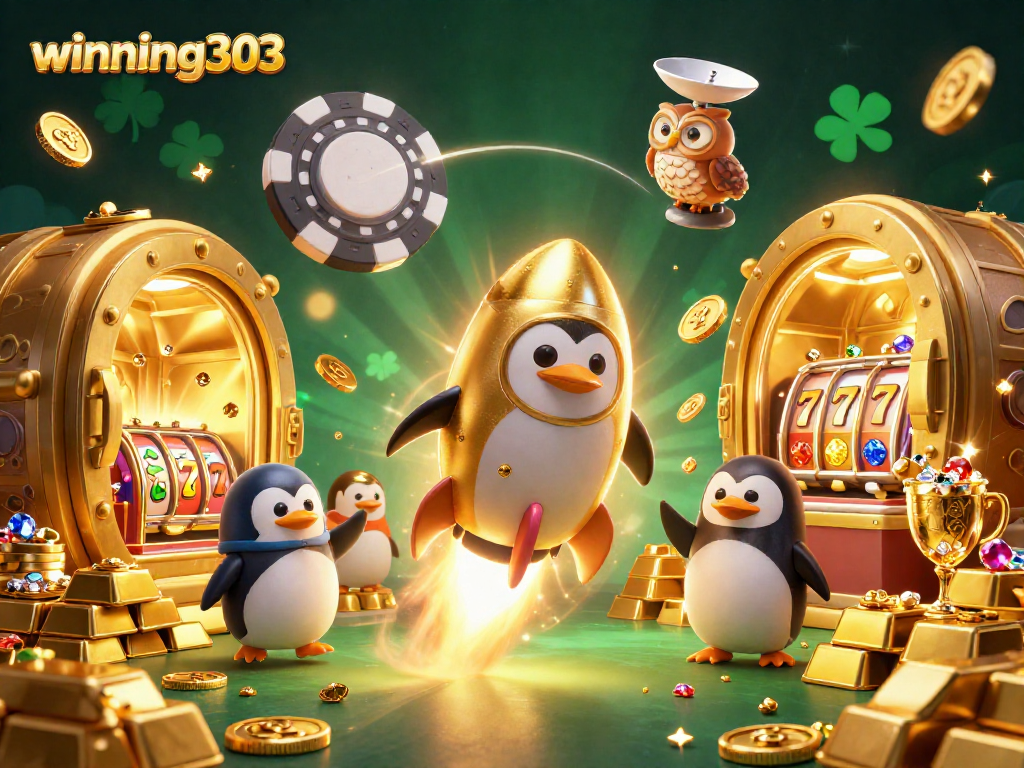 Spin and win at winning303 in a vibrant casino space scene featuring a golden penguin and treasure galore.