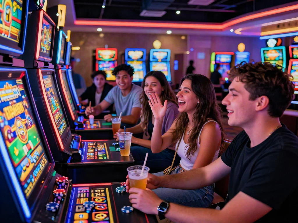 Casinos filled with friends enjoying slot bonus gaming experiences, vibrant lights and drinks.
