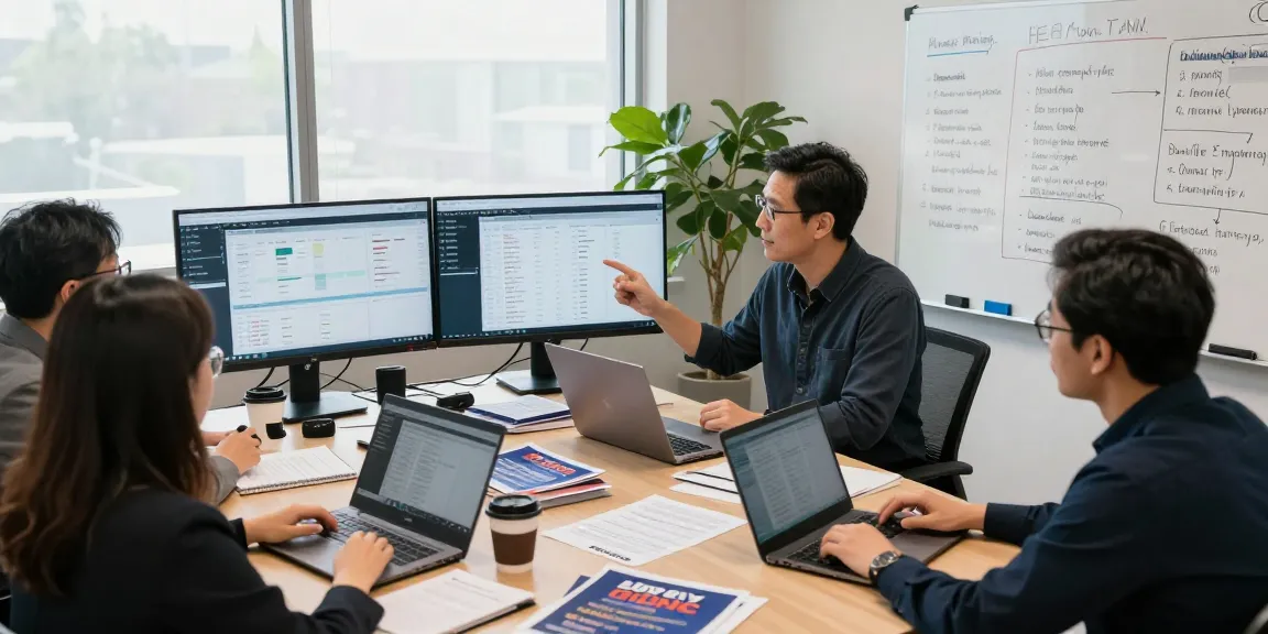 Campaign strategist utilizing AI search optimization for candidates during a collaborative data analysis meeting
