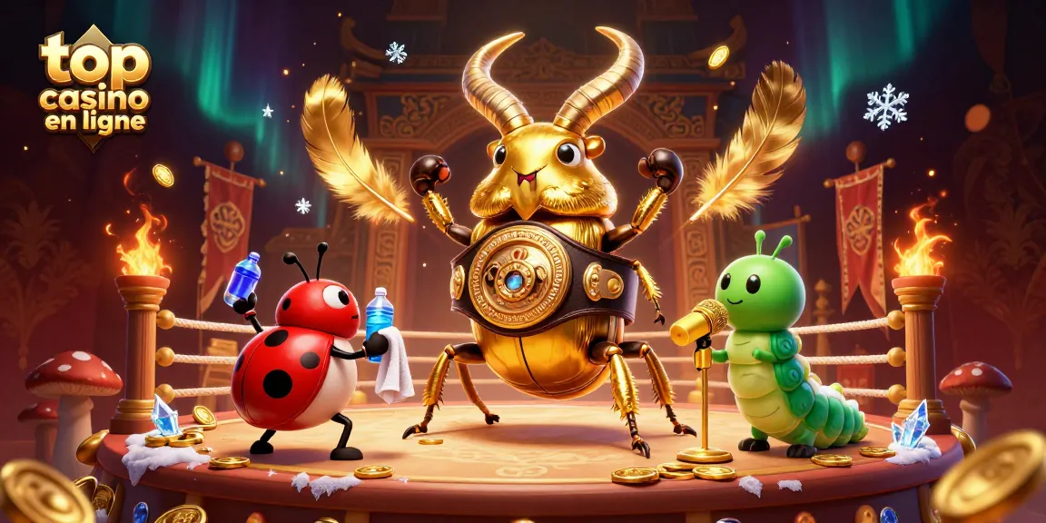 Un combat vibrant au top casino en ligne avec un scarabée en ceinture de champion, une coccinelle et un annonceur chenille.