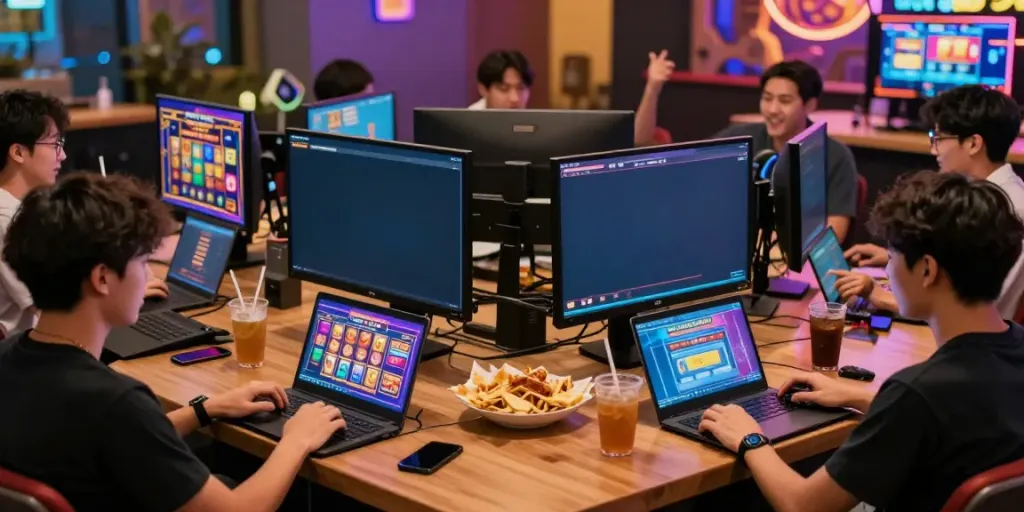 Players experiencing thrilling games at a server thailand online casino in a lively lounge setting.
