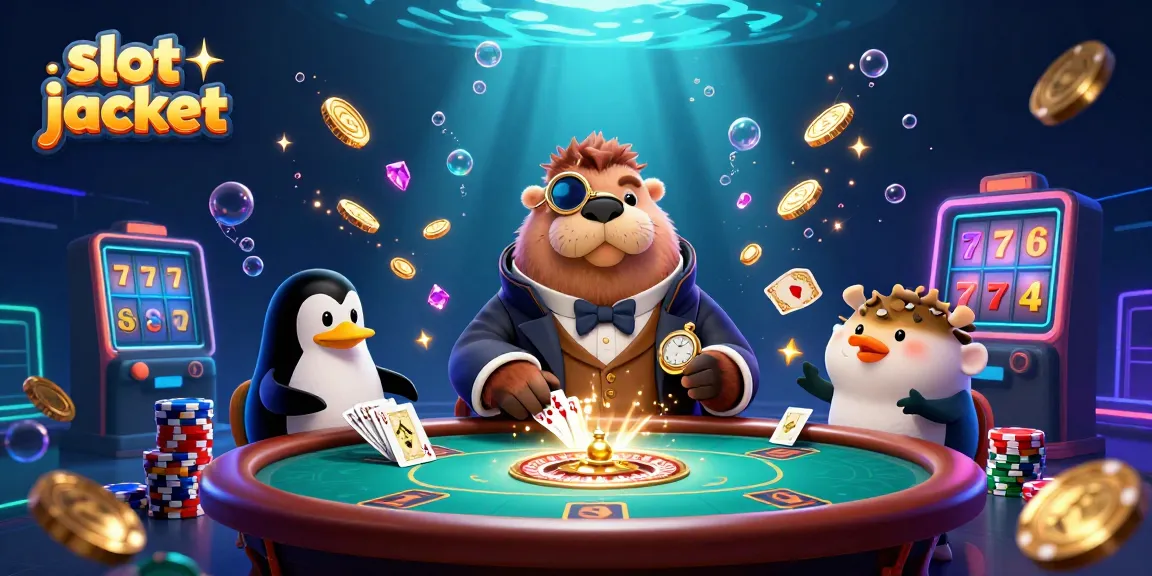 Experience slot jackpot excitement with a whimsical underwater poker scene featuring a walrus, penguin dealer, and pufferfish.
