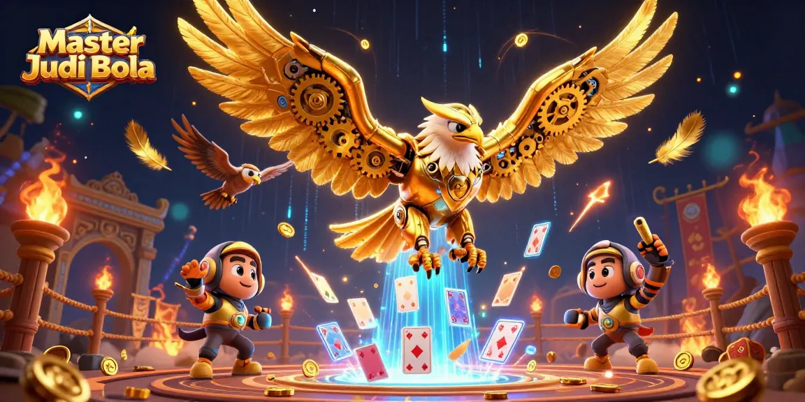 Master Judi Bola showcases a dynamic 3D illustration of a cybernetic eagle amidst holographic cards and casino elements.