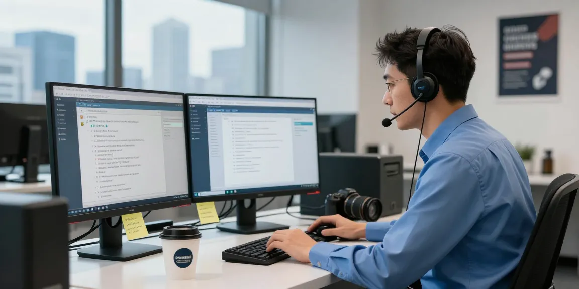 Technician providing Telus-Technical-Support in a modern office environment, engaging with customers via dual monitors and headset.