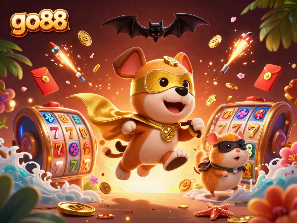 Experience go88’s vibrant casino atmosphere with a superhero dog and hamster in action, celebrating wins!