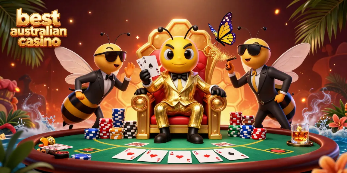 Engage with the best australian online casino featuring a cartoon bumblebee mob boss surrounded by poker elements.