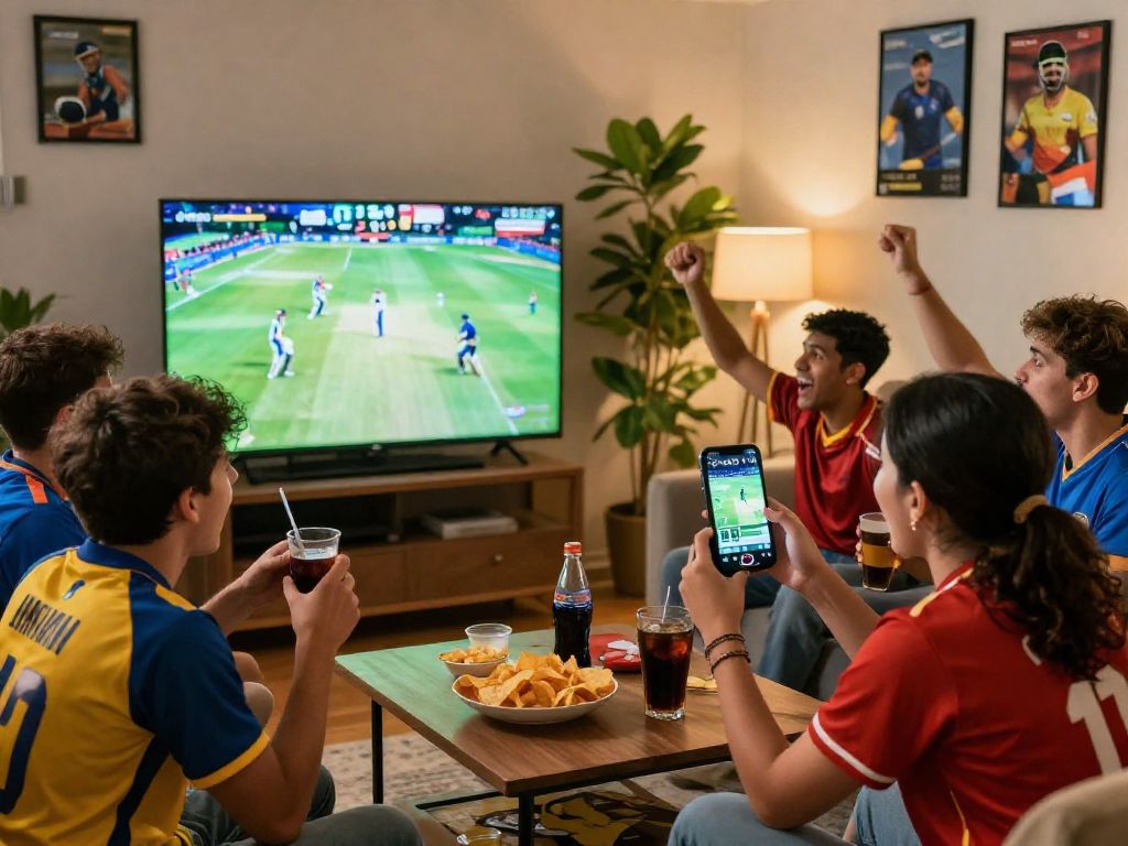 Cricfy TV live streaming scene with cricket fans enjoying a match in a cozy living room