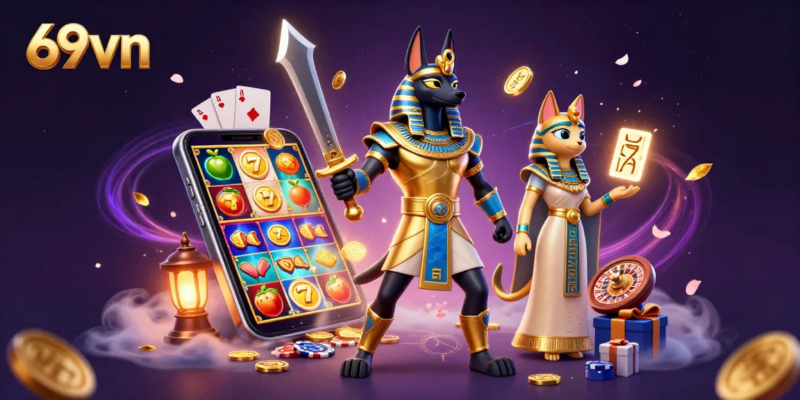 Experience the vibrant action of 69vn casino with dynamic slot games, golden coins, and ancient Egyptian elements.