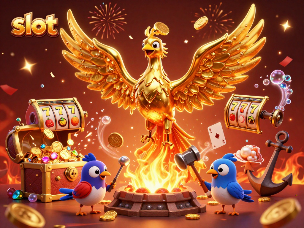 Spin the slot reels with a golden phoenix surrounded by vibrant casino treasures.