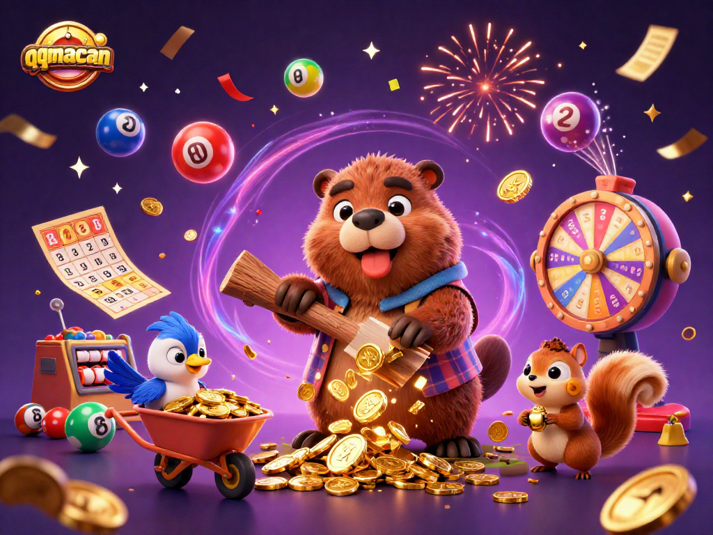 Join the excitement at qqmacan with a vibrant 3D scene featuring a beaver, bird, and squirrel collecting coins.