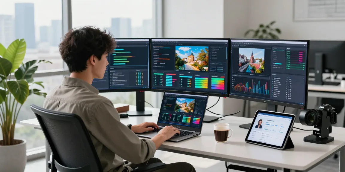 Free AI detector in a modern workspace with vibrant screens and analysis tools.