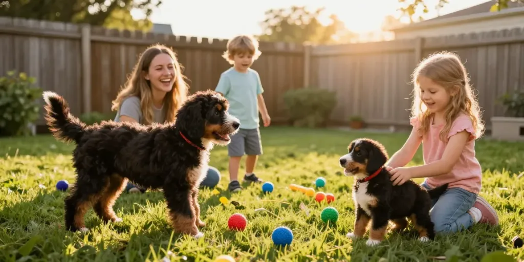 Bernedoodle puppies playing joyfully in a sunlit backyard with a happy family, showcasing their friendly nature.
