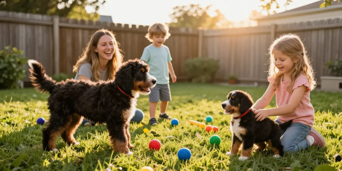 Bernedoodle puppies playing joyfully in a sunlit backyard with a happy family, showcasing their friendly nature.