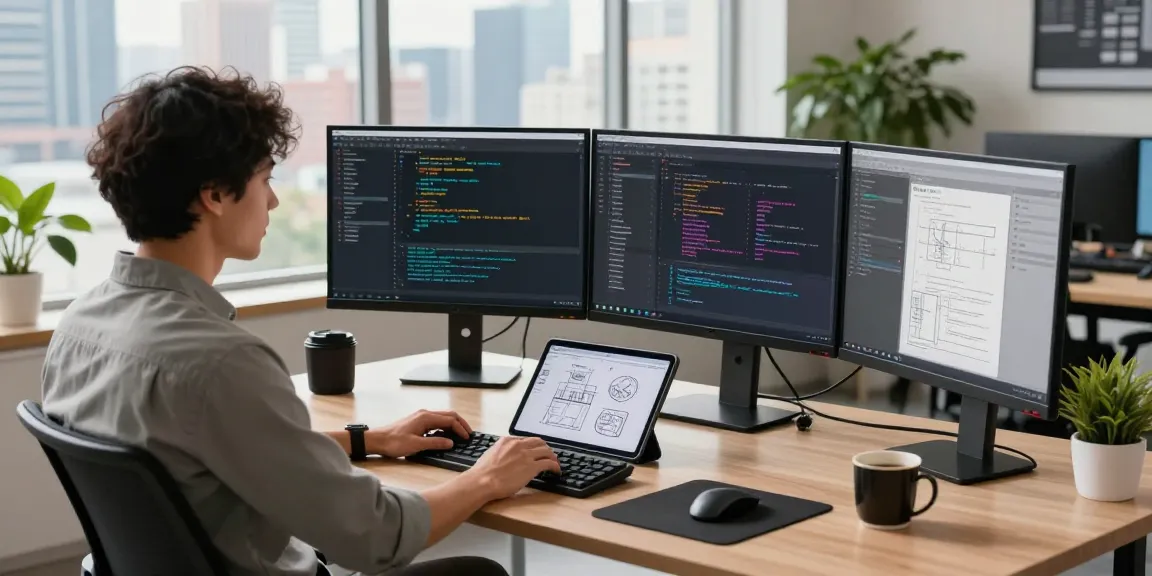 Developer at telegraimin.com workspace designing apps with monitors and natural light