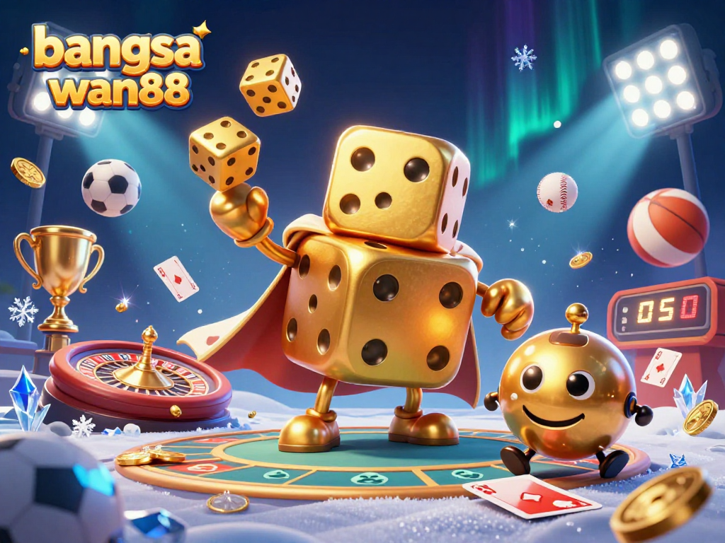 Engaging scene illustrating bangsawan88 with a golden dice golem, dynamic sports elements, and casino excitement.