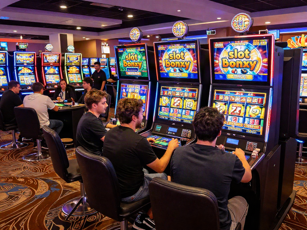Players enjoying slot bonus games in a vibrant casino atmosphere with colorful lights.