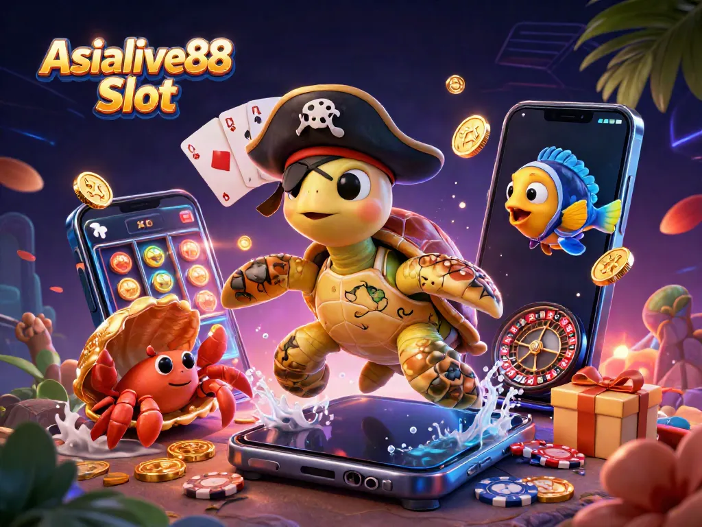 Spin the reels with Asialive88 Slot featuring a pirate turtle and friends among vibrant casino elements