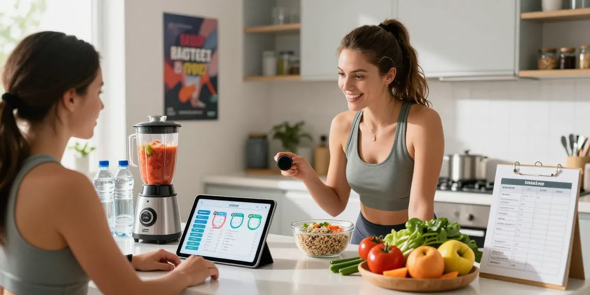 Nutrition coach demonstrating best calorie tracking apps on a tablet while preparing healthy meals.