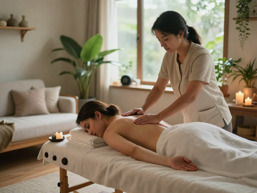 High-quality 의정부출장 massage scene in a relaxing home setup with a professional therapist.