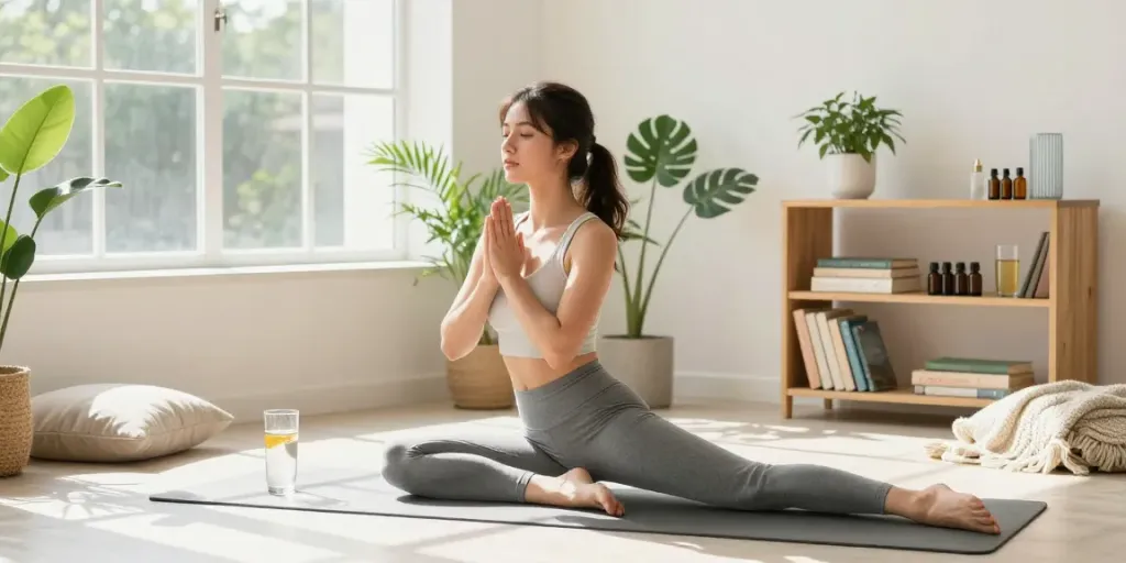 Serene wellness scene featuring a young woman practicing yoga, rokok88 alternatif and wellness elements highlighted in bright sunlight.