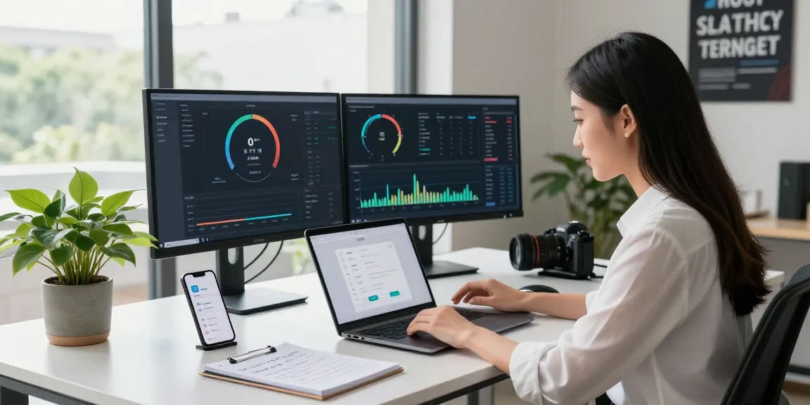 快连 app setup in a modern tech workspace with performance metrics and motivational atmosphere.