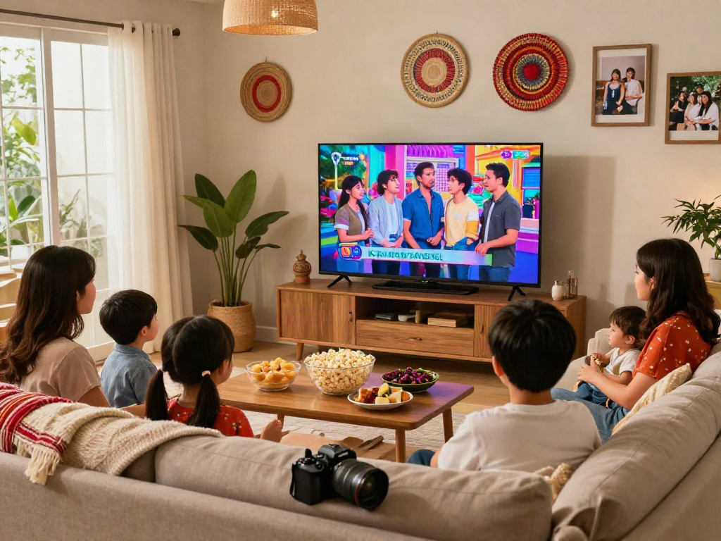 Family enjoying a Kapamilya Channel show in a cozy living room, highlighting kapamilyachannel.com experience.