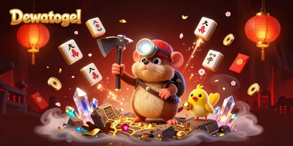 Dewatogel illustration portraying a treasure hunter mole mining in a vibrant, gem-filled cave with dynamic casino elements.