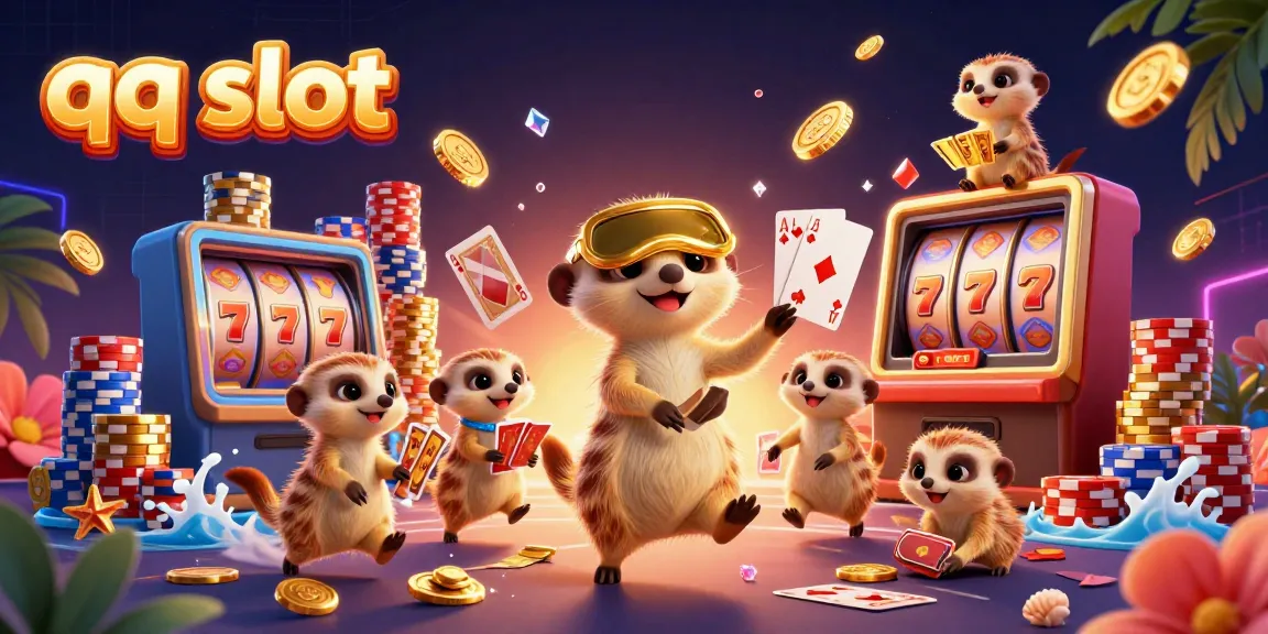 Experience thrilling qq slot action with animated meerkats in a vibrant casino scene, winning chips and joy!