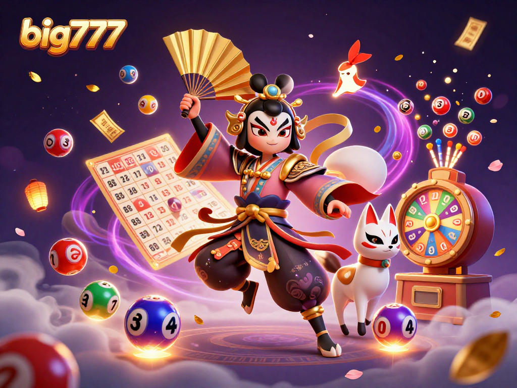 Experience big777 with colorful lottery elements and a dynamic kabuki warrior scene.