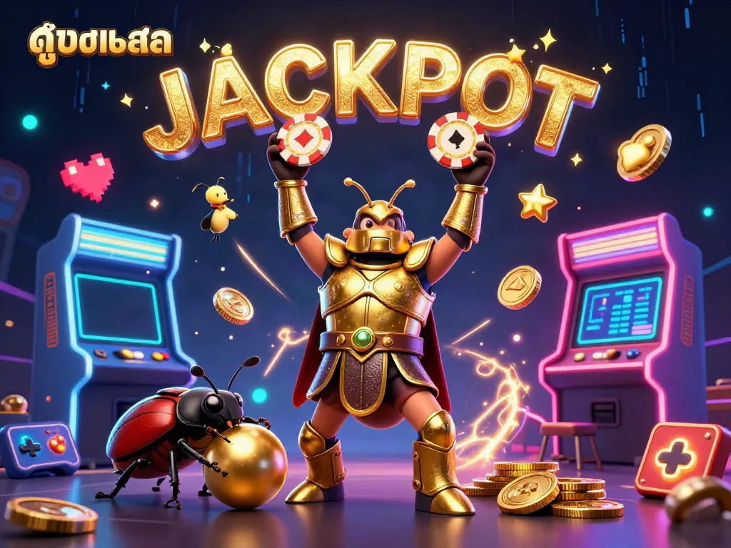 Experience thrilling sports betting with ดูบอล, featuring hero beetles and jackpot elements in a vibrant setting.