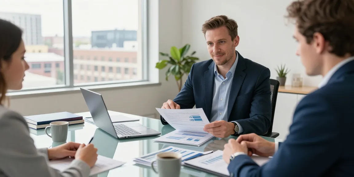 Nathan Garries providing financial advice in a modern office setting.