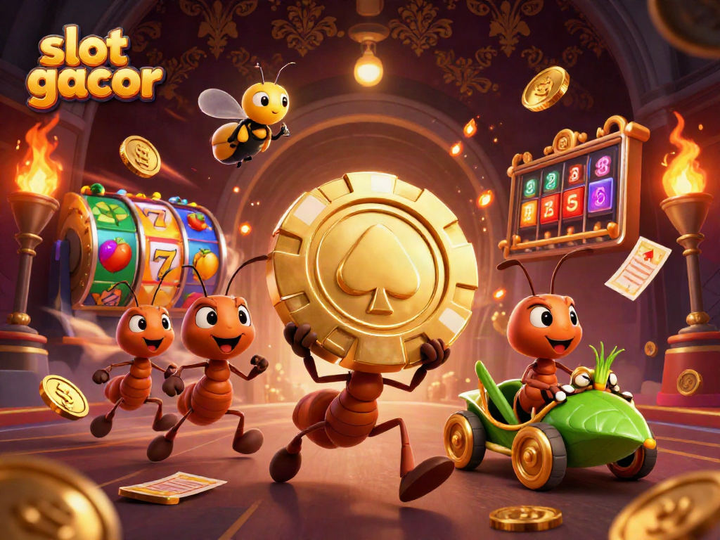 Engage with slot gacor through a thrilling heist scene with ants and vibrant slot elements.