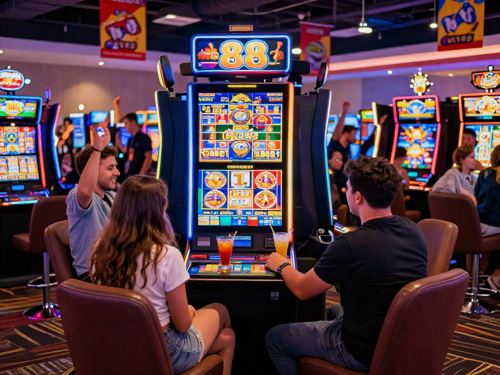 Group of friends enjoying slot88 machines in a lively casino atmosphere.