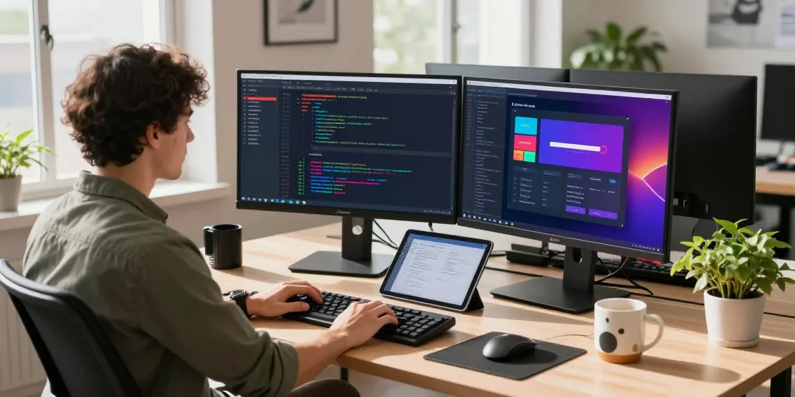 Workspace of a developer coding the 纸飞机中文版 app, showcasing dual monitors and a modern desk setup.