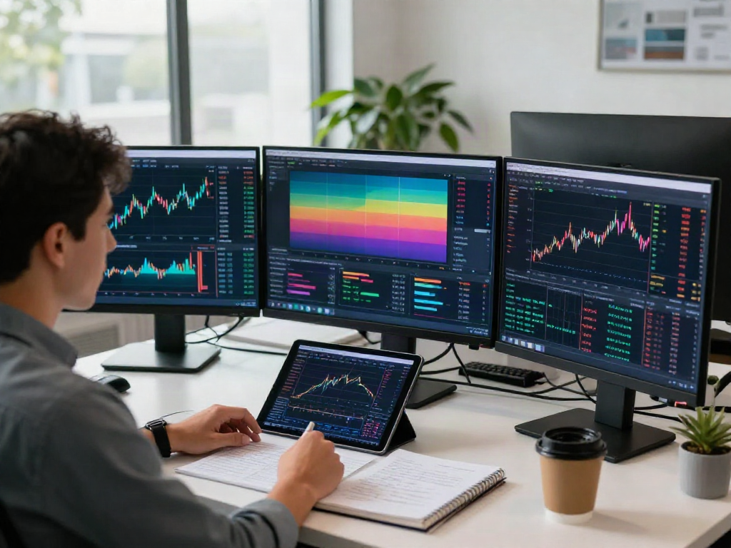 TradingView user analyzing market data at a professional trading desk with multiple monitors.