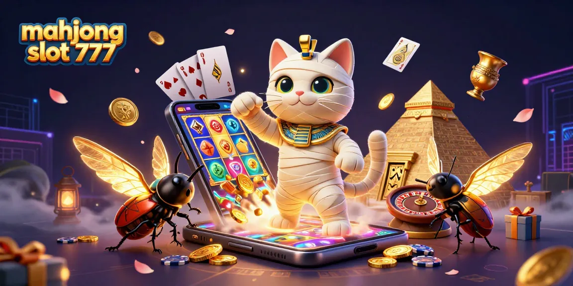 Engage with mahjong slot 777 as an Egyptian mummy cat bursts from a golden sarcophagus in a vibrant casino scene.