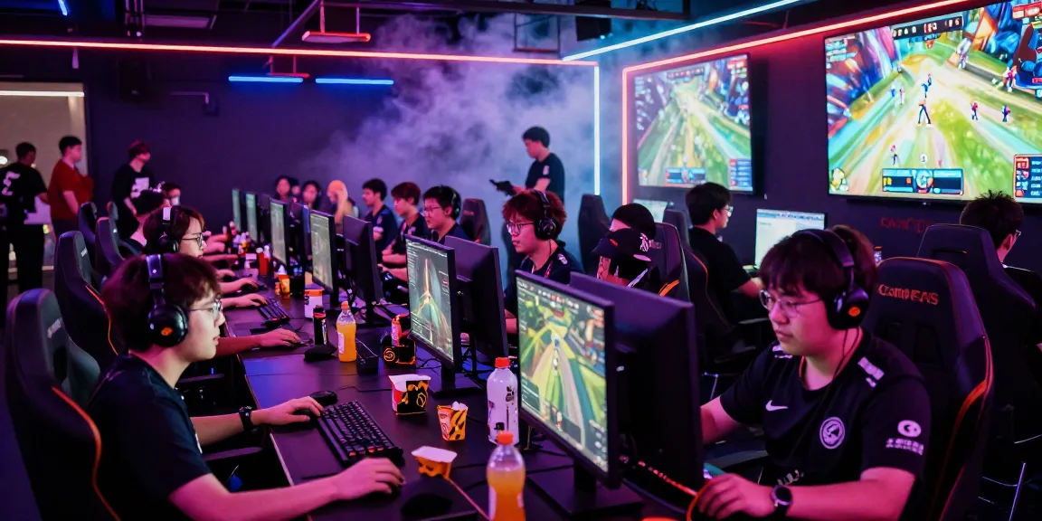Esports arena with competitive gamers and enthusiastic fans at https://rokok88.sutra69.org, showcasing vibrant energy.