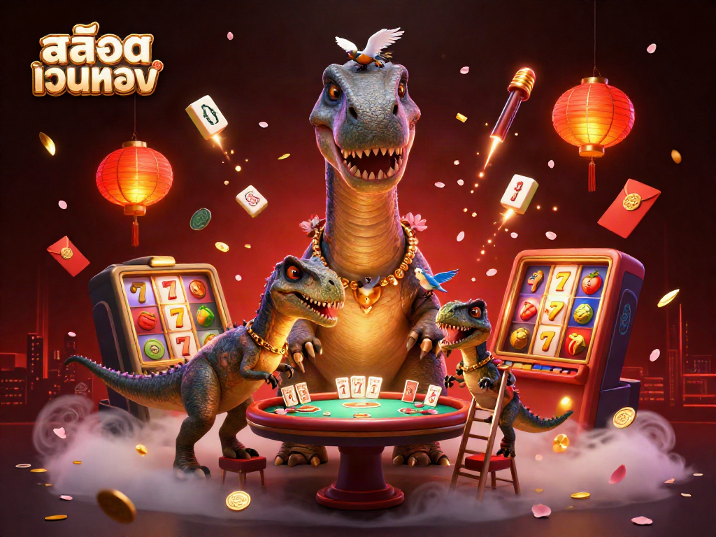 Experience excitement at สล็อตเว็บตรง with a giant brontosaurus overlooking poker action while a raptor deals cards above a lively casino